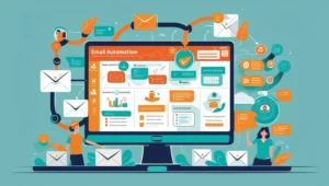 automated email marketing workflow with triggered messages, analytics, and subscriber engagement icons, representing how businesses use automation tools to streamline email campaigns